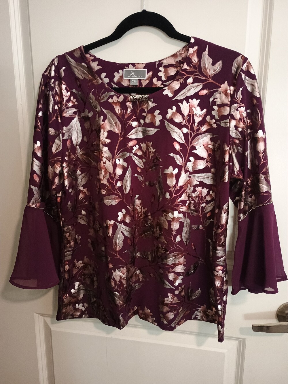 JM Collection Plum Floral Bell-Sleeve Tunic